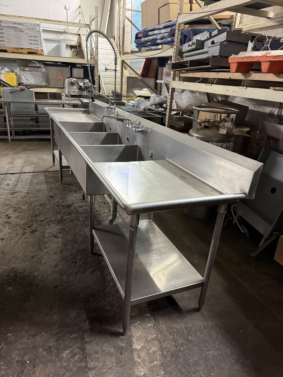 Used 120” stainless steel 3 compartment bakery sink with spray faucet and 14” regular faucet in great condition
