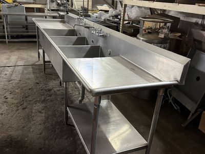 Used 120” stainless steel 3 compartment bakery sink with spray faucet and 14” regular faucet in great condition