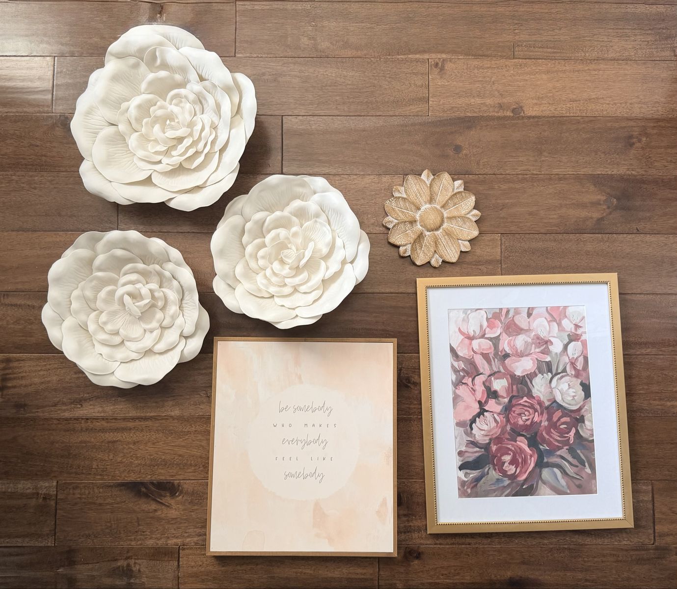 Girls' Bedroom Floral Wall Decor Set - 3D White Flowers & Framed Prints