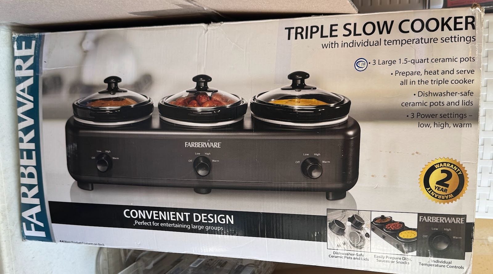 Farberware Triple Slow Cooker 3x 1.5-Quart Pots Individual Temp Settings Black
