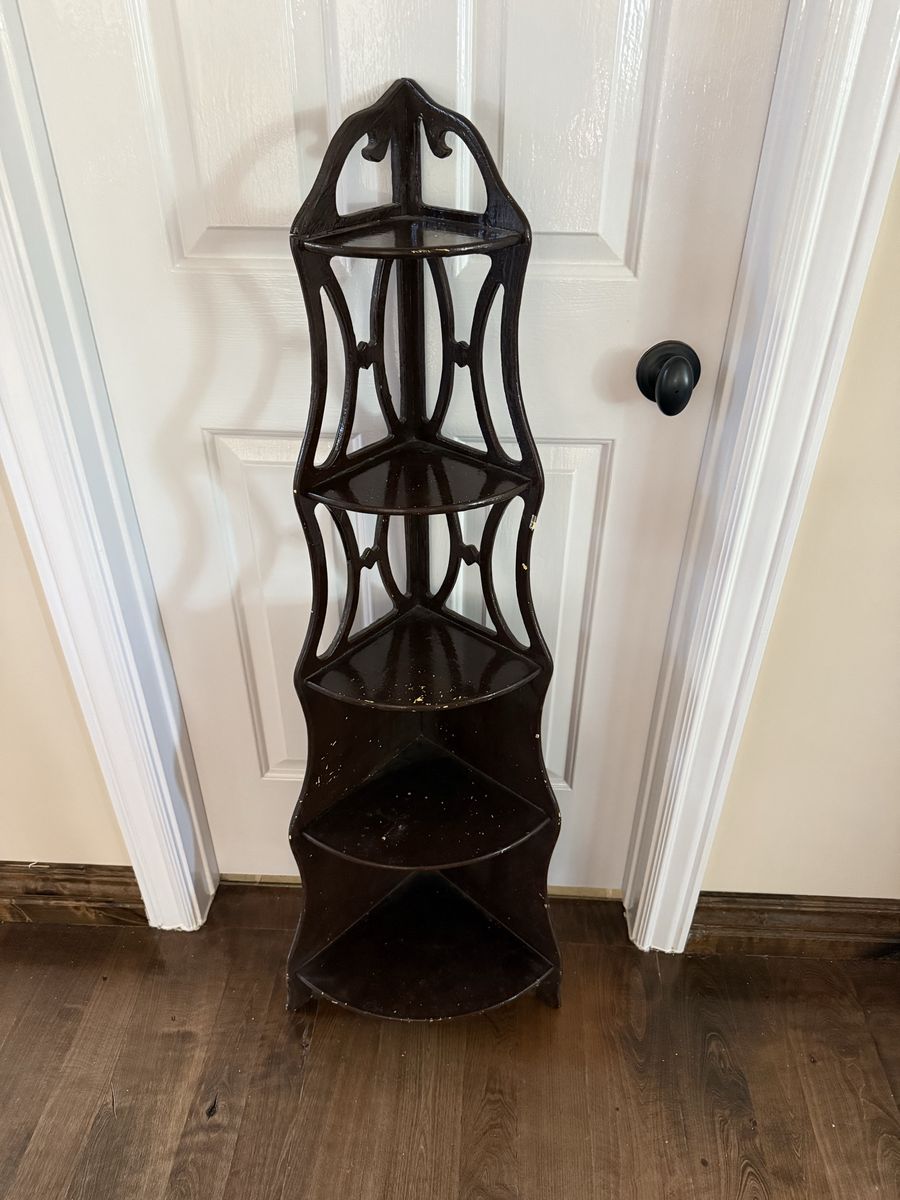 Intricate antique corner shelf 48” T widest 16”