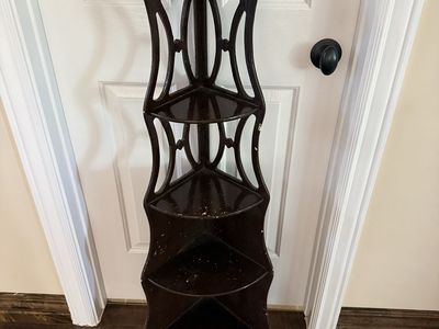 Intricate antique corner shelf 48” T widest 16”