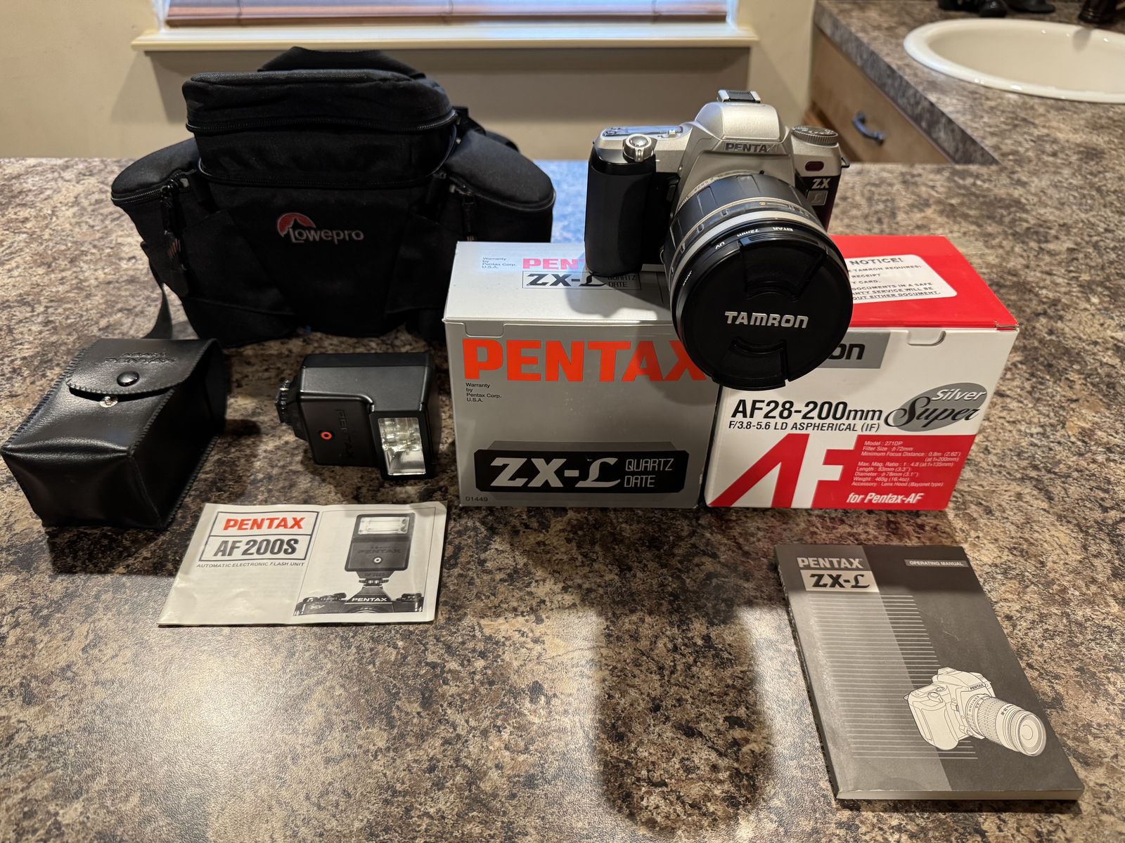 Pentax ZX-L 35mm Film Camera - Pentax AF200S Flash - Tamron AF28-200mm Super Silver Telephoto Lens