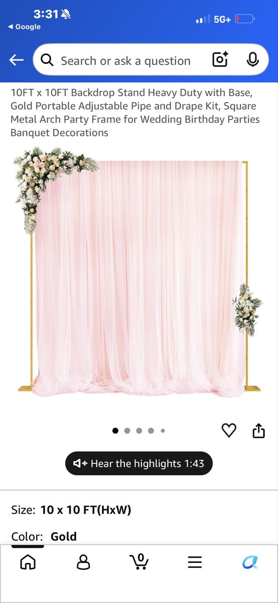 10x10FT Gold Heavy-Duty Adjustable Pipe & Drape Backdrop Stand Kit for Parties/Weddings