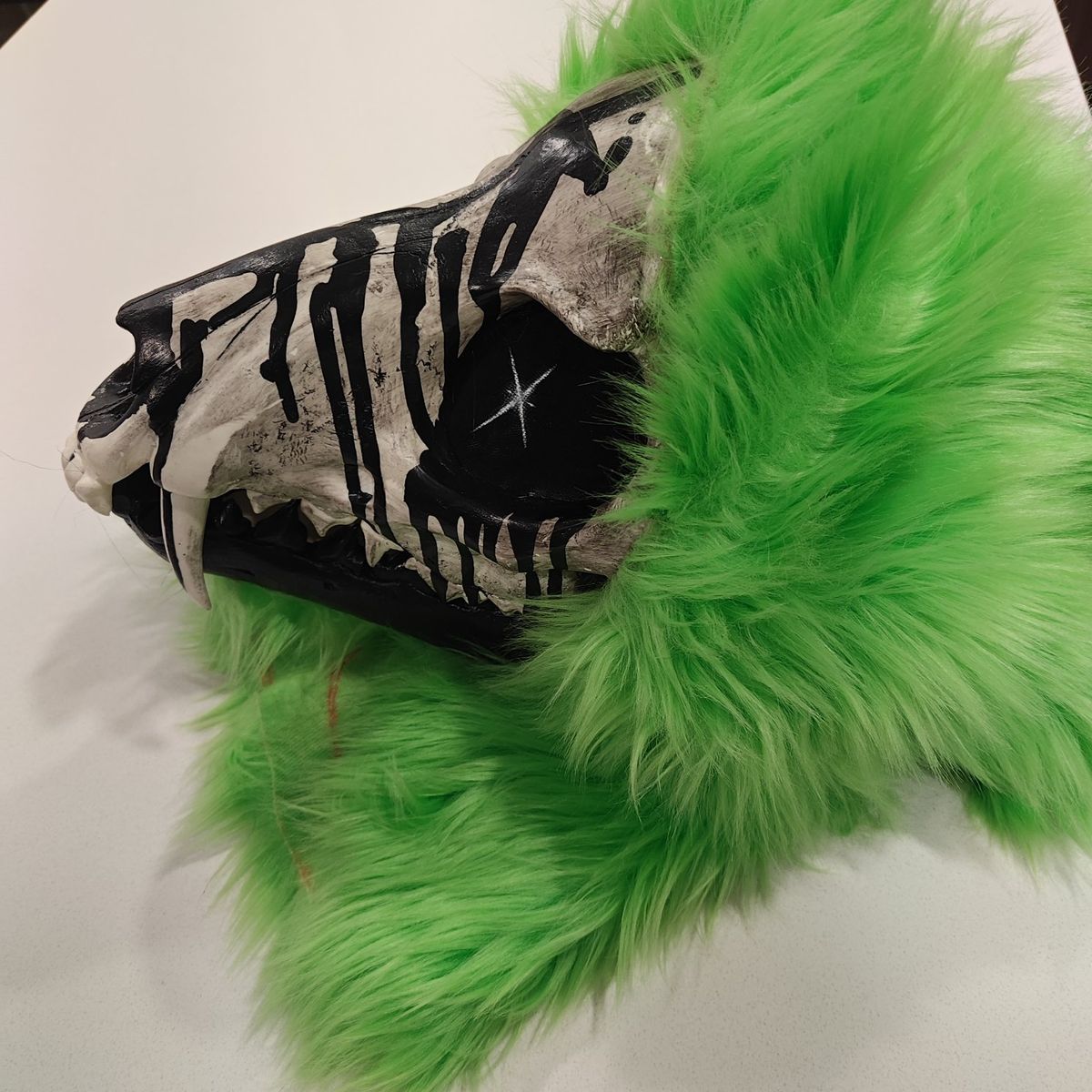 Custom Skull Fursuit Head Mask with Green Faux Fur, Skeleton Wolf/Canine Design