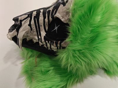 Custom Skull Fursuit Head Mask with Green Faux Fur, Skeleton Wolf/Canine Design