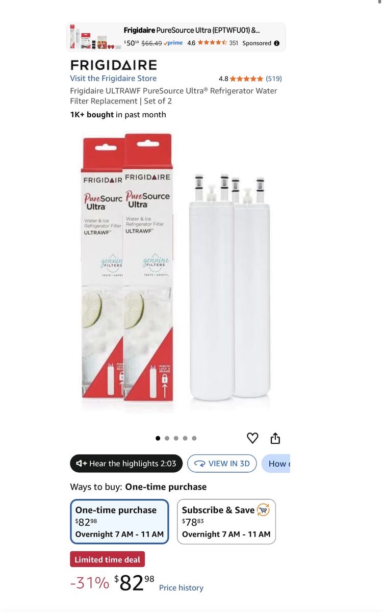Frigidaire PureSource Ultra Refrigerator Water Filter Replacement ULTRAWF Set of 2