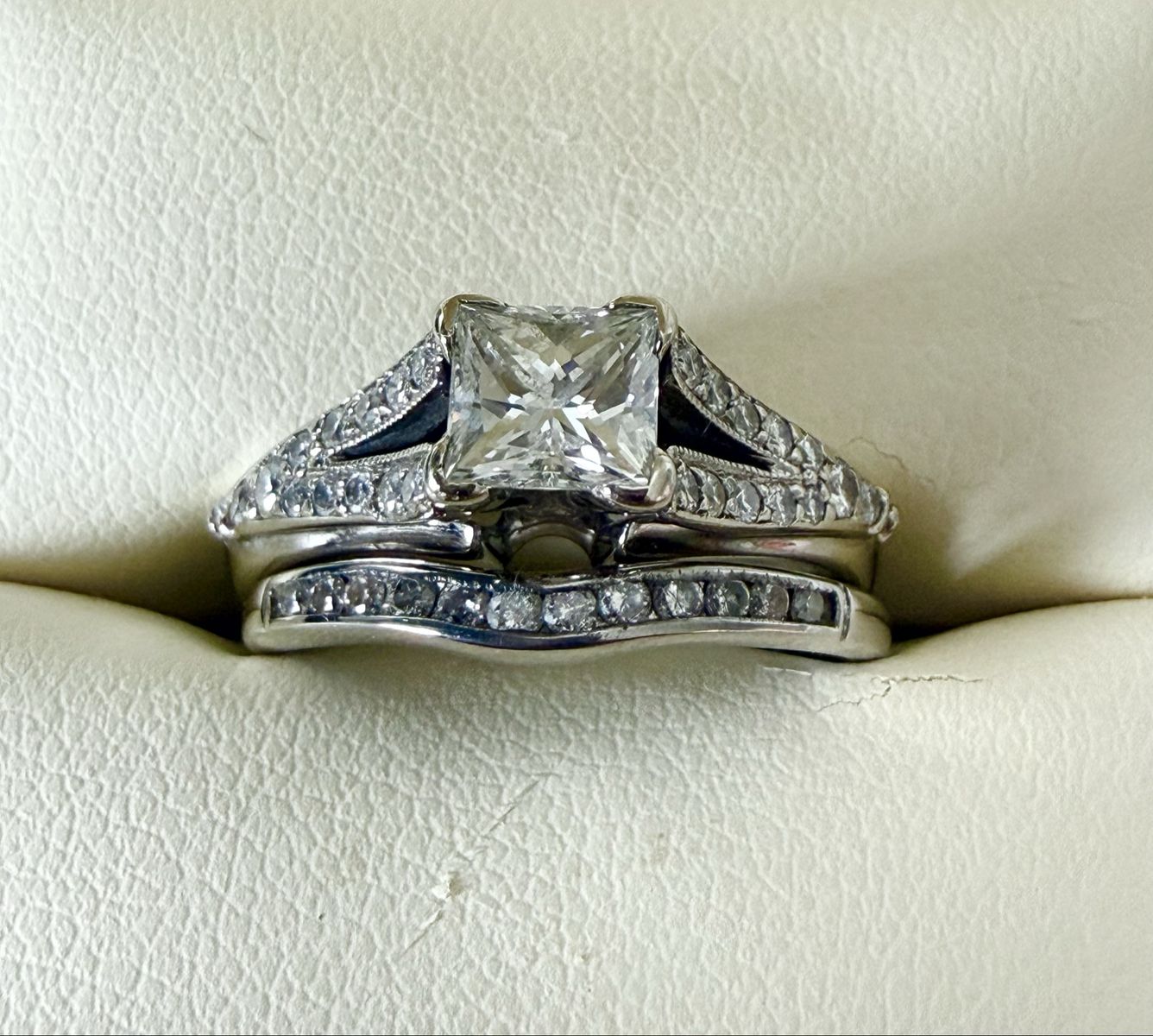 White gold, princess engagement ring & band