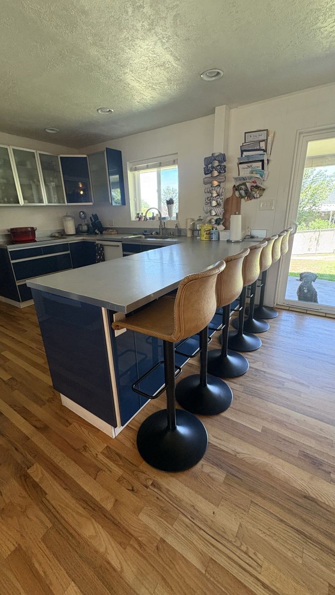 Set of 6 Swivel Bar Stools - Tan Faux Leather, Black Base - Kitchen Counter Adjustable Height Seating