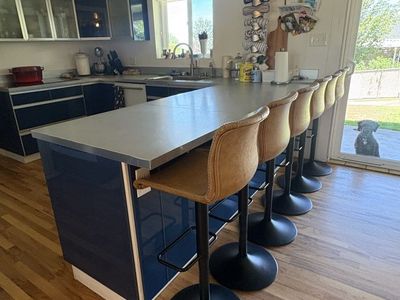 Set of 6 Swivel Bar Stools - Tan Faux Leather, Black Base - Kitchen Counter Adjustable Height Seating