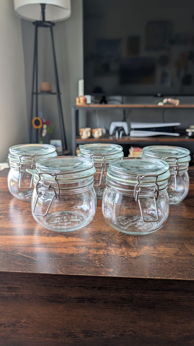 IKEA KORKEN : 5 Jars with lid, clear glass, 17 oz. ($2 per jar)