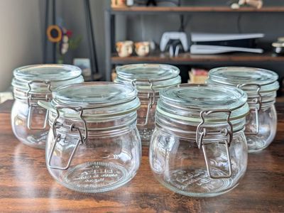 IKEA KORKEN : 5 Jars with lid, clear glass, 17 oz. ($2 per jar)