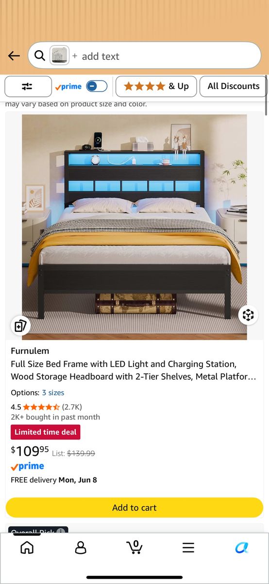 Bed Frame with LED light and charging station
