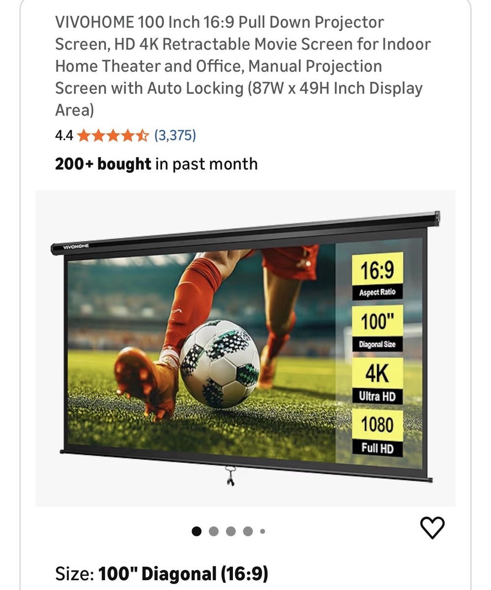 NEW! 100 Inch 16:9 Pull Down Projector Screen, HD 4K