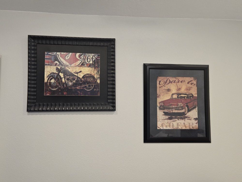 Route 66 Motorcycle & Classic Car Framed Wall Art Set - "Dare to Go Far" & "Cruising"