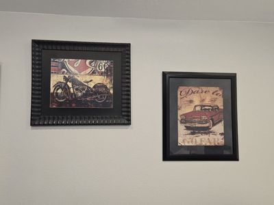 Route 66 Motorcycle & Classic Car Framed Wall Art Set - "Dare to Go Far" & "Cruising"