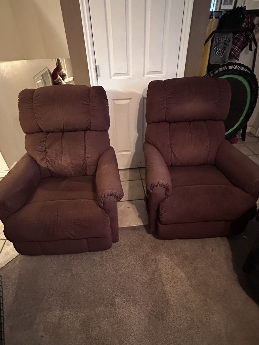 Pair of Burgundy Fabric Recliner Chairs - Comfortable Living Room Seating