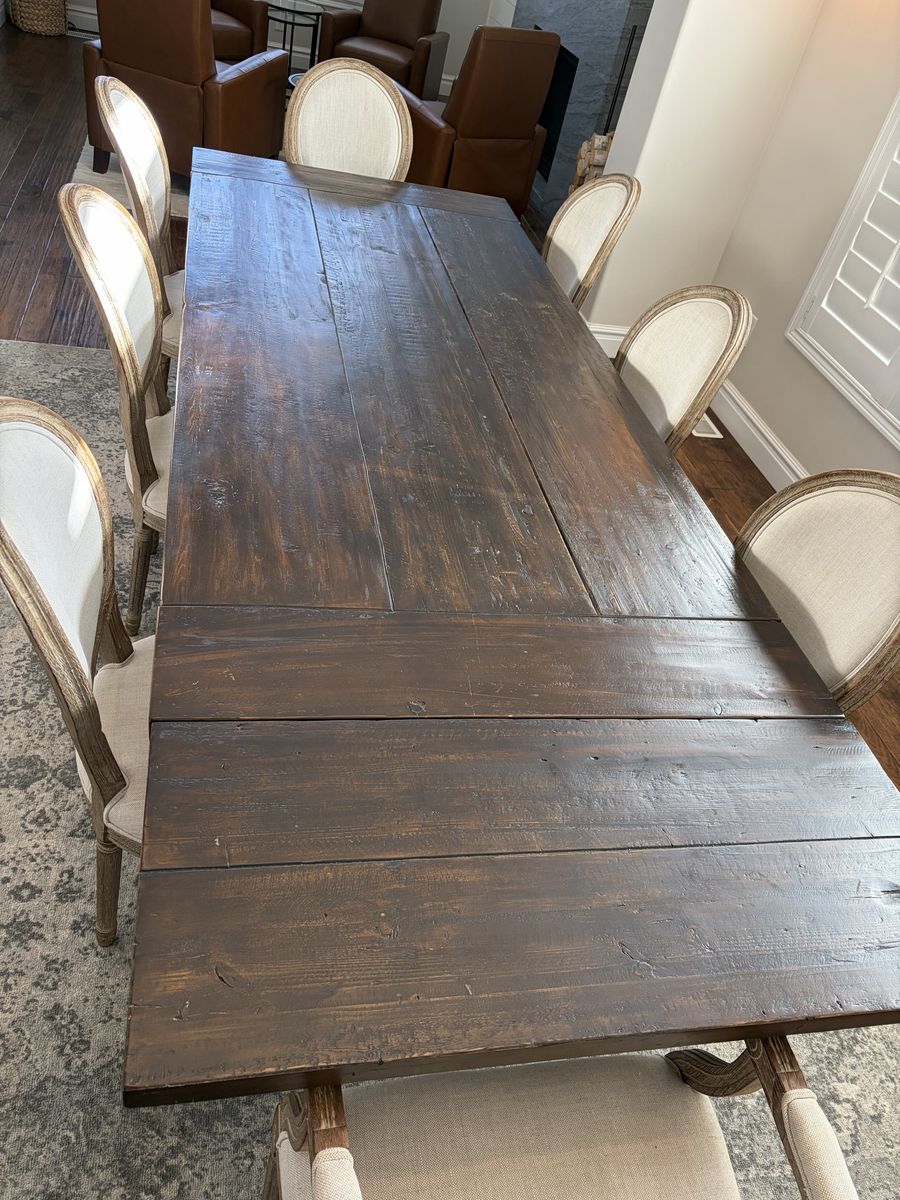 Restoration Hardware Solid Wood Dining Table with 8 Upholstered Chairs - Dark Wood Finish