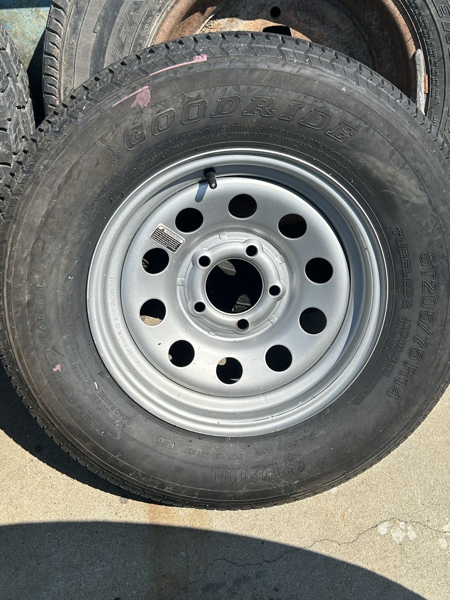Goodride ST205/75R14 Radial Trailer Tire on 5-Lug Silver Steel Wheel
