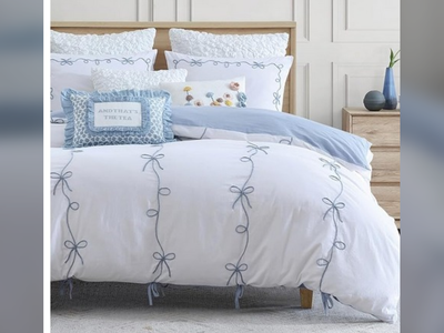 NEW Peri Home Bows KING SIZE Duvet Cover Set 100% Cotton 3-Piece Bedding