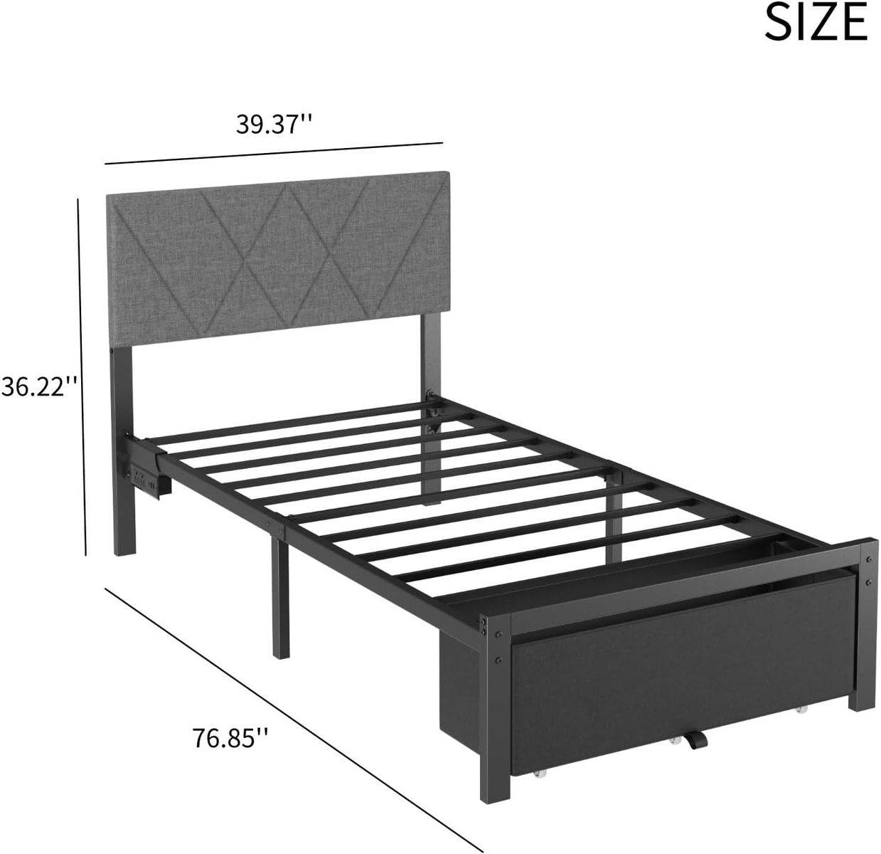 Twin Size Bed Frame with Headboard - Fabric Underbed Drawers - Charging Station - Gray-Black