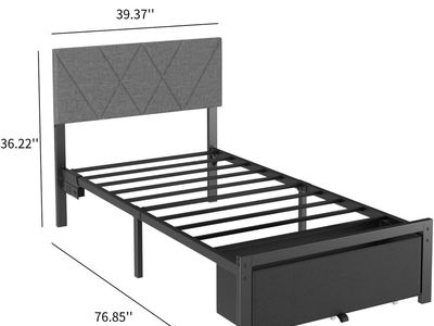 Twin Size Bed Frame with Headboard - Fabric Underbed Drawers - Charging Station - Gray-Black