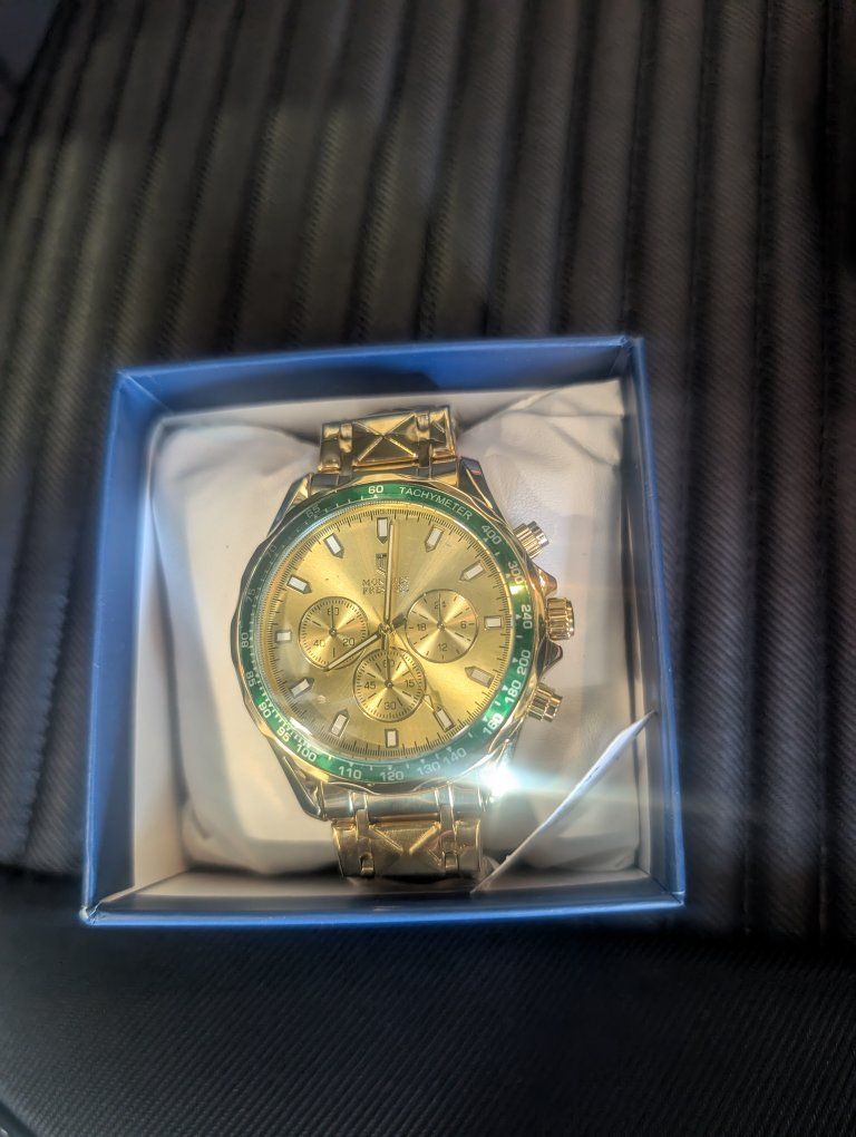 Monfort Prestige Gold-Tone Men's Chronograph Watch with Green Bezel