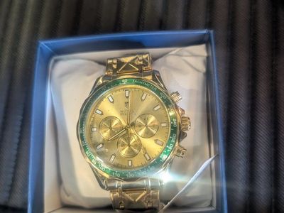 Monfort Prestige Gold-Tone Men's Chronograph Watch with Green Bezel