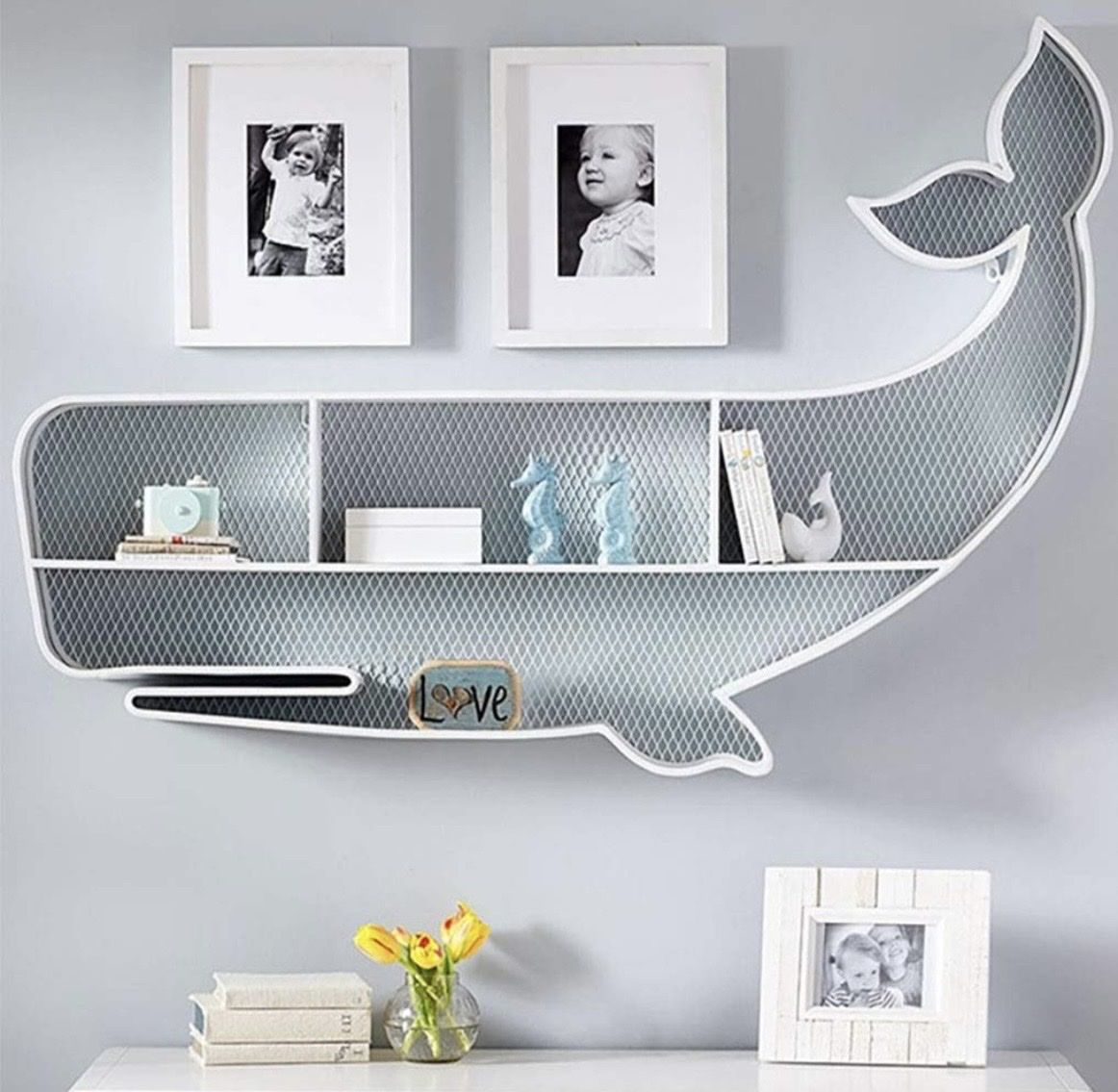 Decorative White Whale Wall Shelf - Unique Nautical Storage for Kids' Room or Nursery