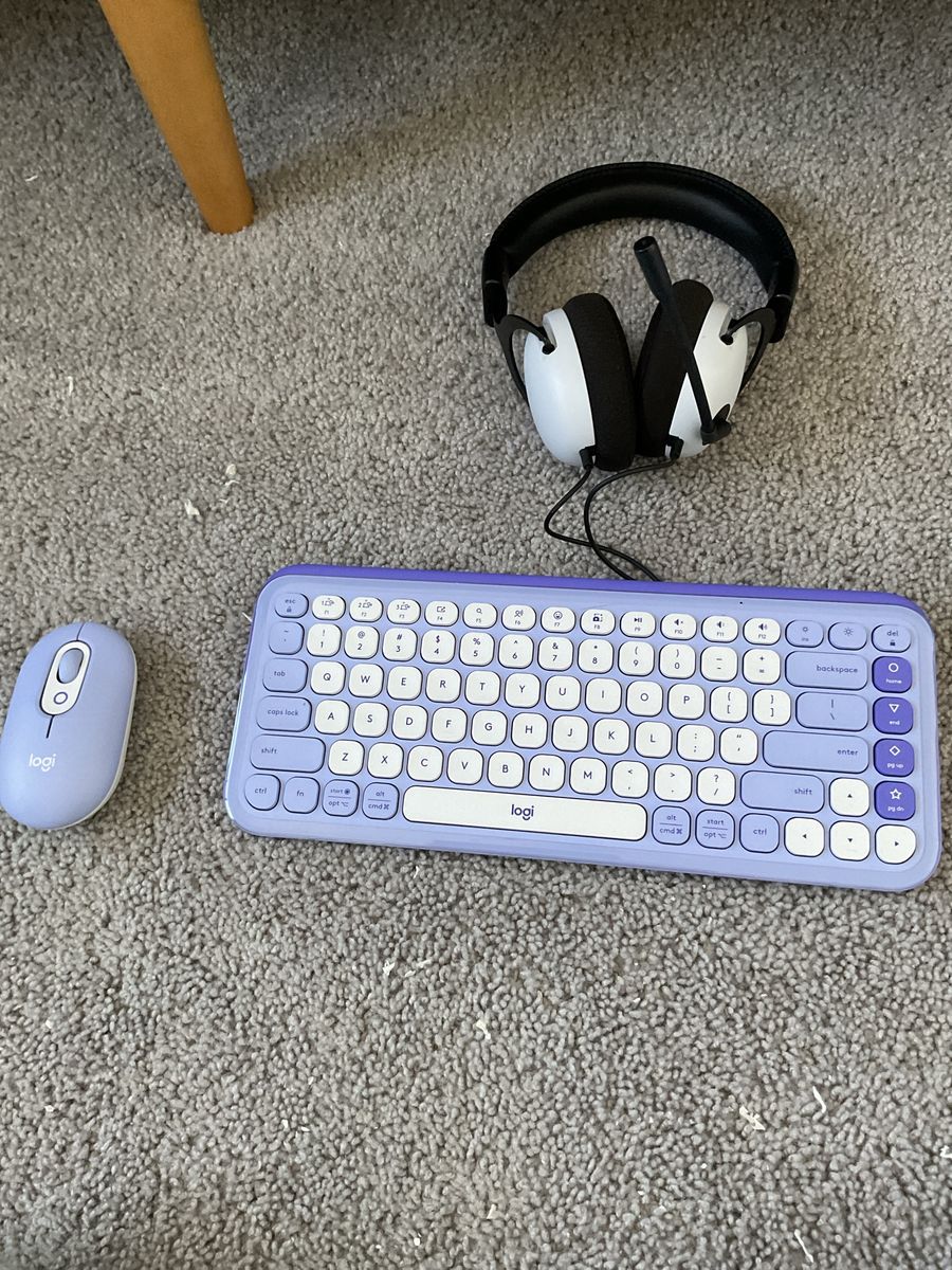 Logitech Purple Wireless Keyboard and Mouse Combo with Black and White Headset