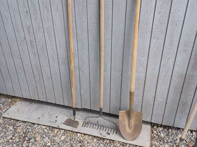 Rake, hoe and shovel