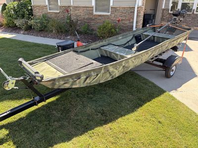 Used Camo Flat Bottom Jon Boat with Predator Max Performance 224cc Motor & Trailer