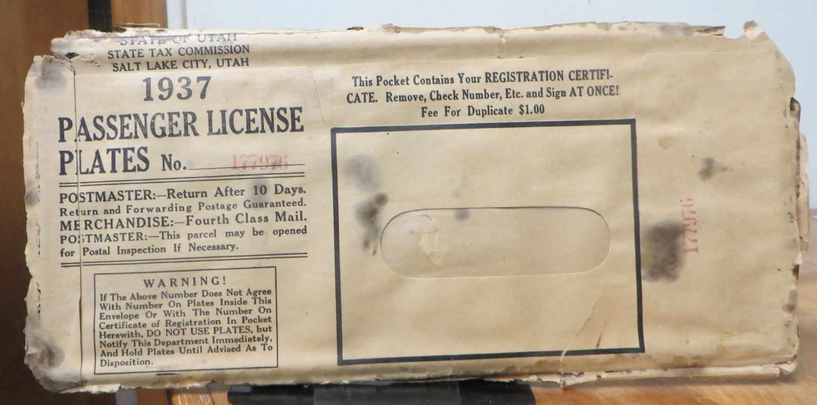 1937 Utah Passenger Auto License Plate