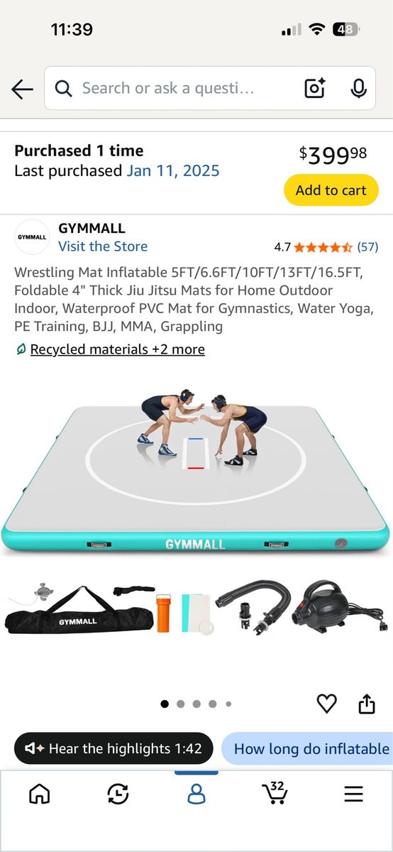 LIKE NEW 10FT Inflatable Wrestling & Martial Arts Mat - 4" Thick PVC