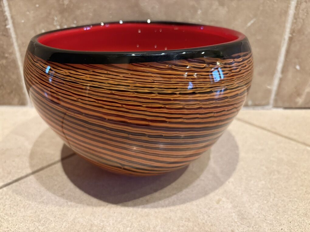 Heavy Murano Glass Bowl Orange Striped Red Inside