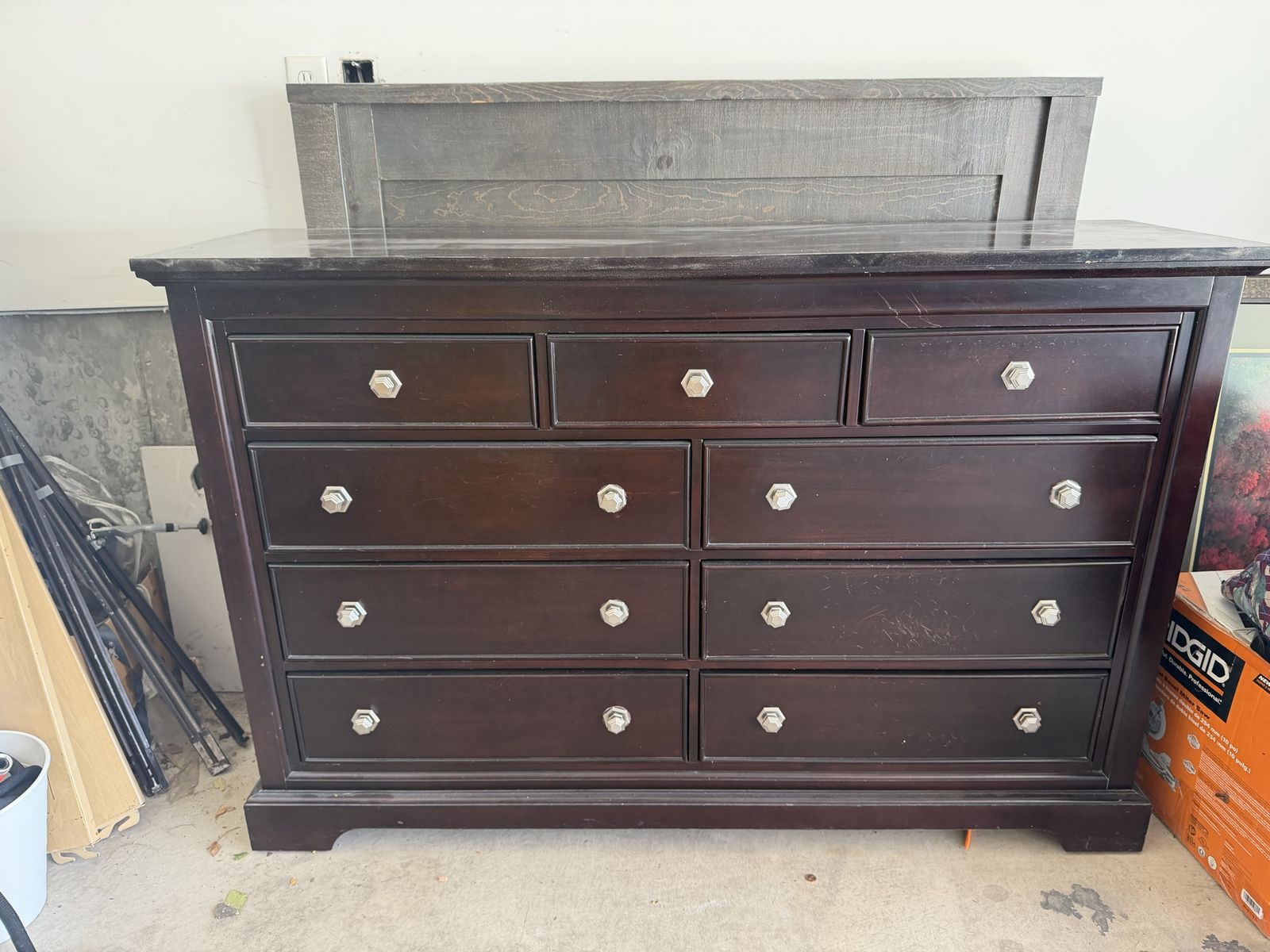 Dark Brown Wooden 9-Drawer Dresser with Silver Hardware