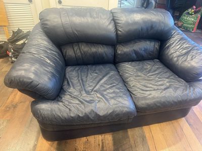 Used Blue Leather Loveseat - Good Condition