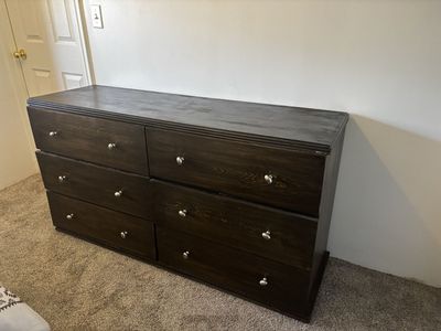 Dark Wood Dresser - 6 Drawer Horizontal Storage