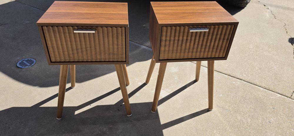 BRAND NEW! Pair of Modern Wood Nightstands with Rattan Drawer Fronts and Tapered Legs