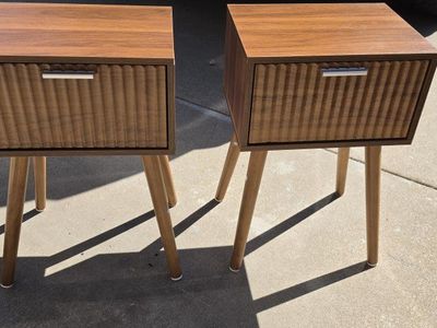 BRAND NEW! Pair of Modern Wood Nightstands with Rattan Drawer Fronts and Tapered Legs