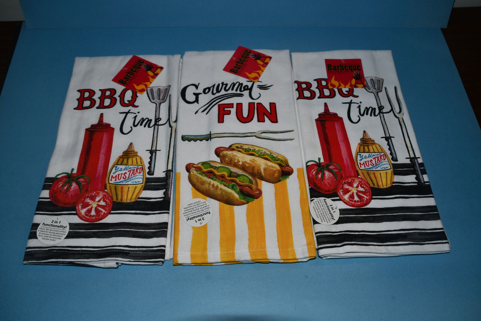 3 NEW "BBQ TIME" KITCHEN TOWELS ~ GRILLING ~ 16" x 26" ~ 100% COTTON ~ NICE!