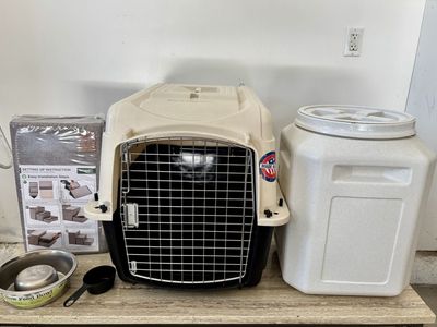 Pet Bundle – New Dog Stairs, Vittles Vault, Kennel & Slow Feed Bowl