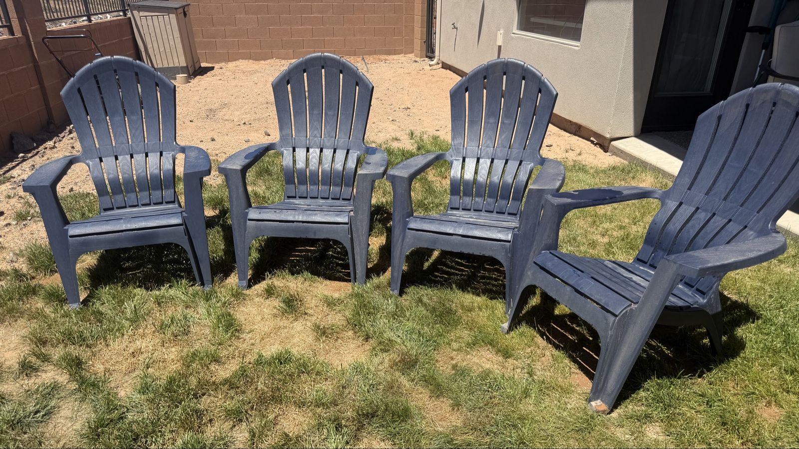 Set of 4 Blue Plastic Adirondack Patio Chairs