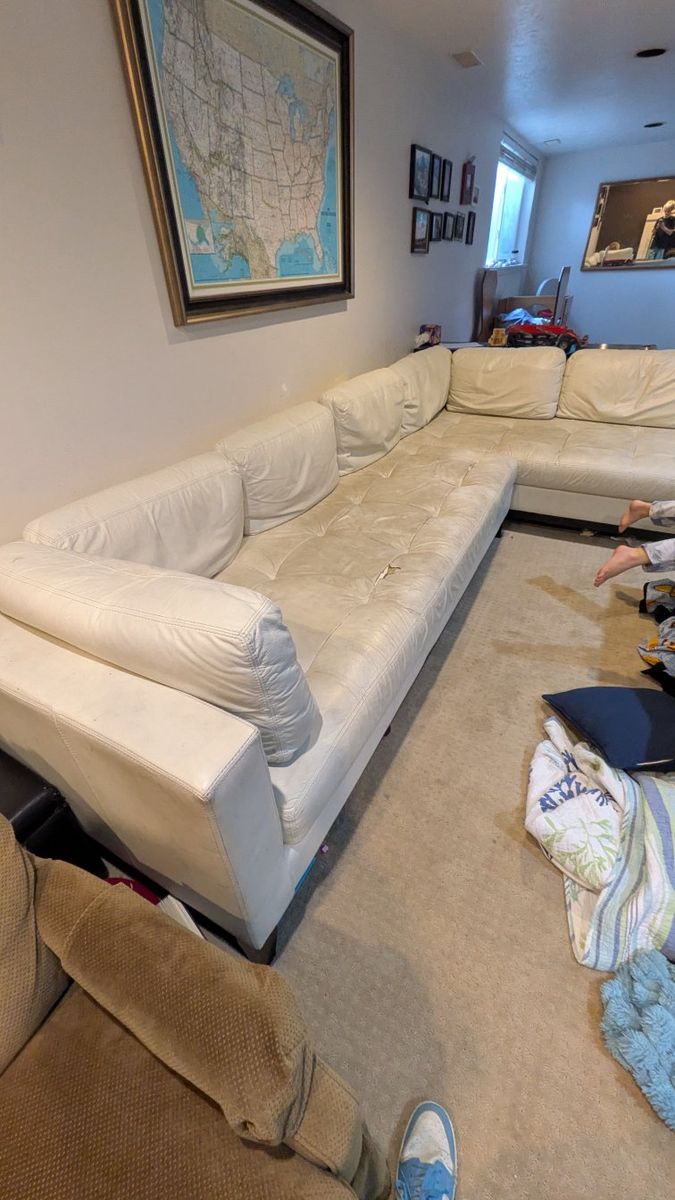 White Leather Sectional Sofa with Chaise - Damaged for Repair/Parts