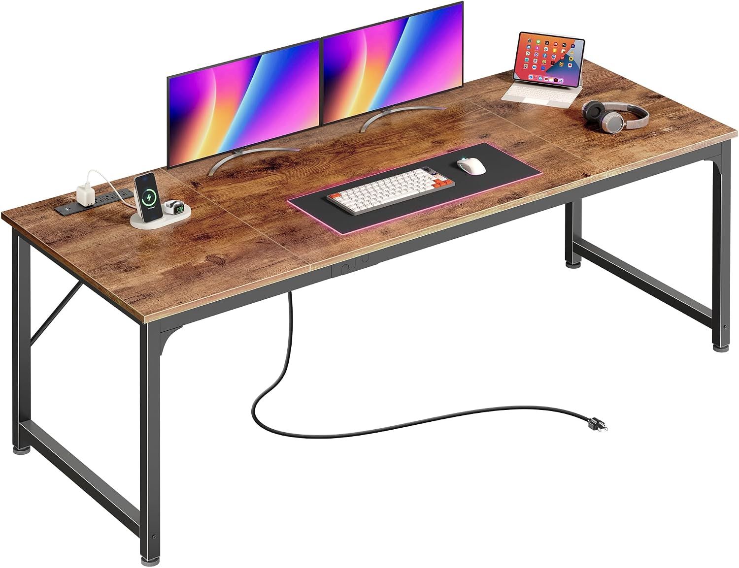 70 x 24 Inch Office Computer Desk - Charging Station 7 AC Outlets USB & USB-C - Heavy Duty Metal Frame
