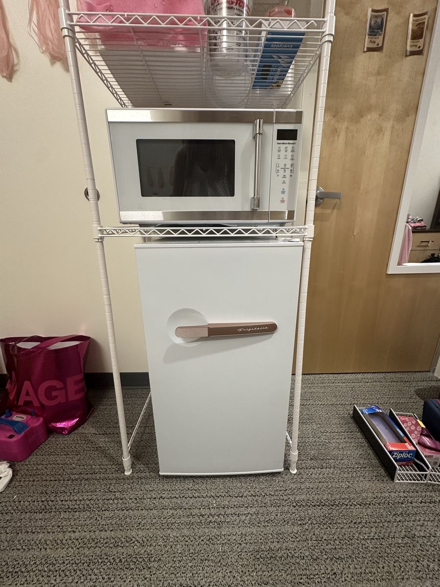 Mini Fridge, Microwave, and Shelf