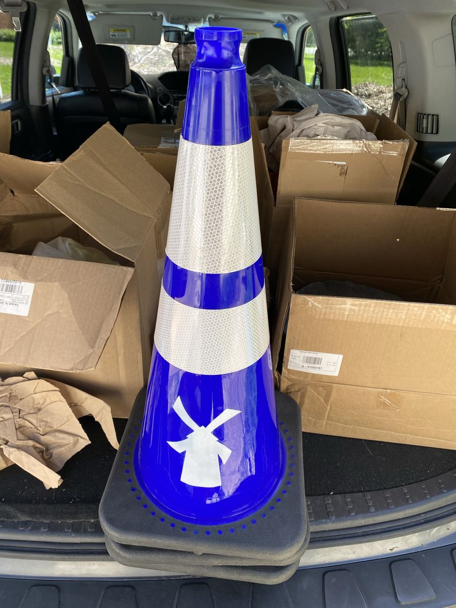 Blue Dutch Bros traffic cone