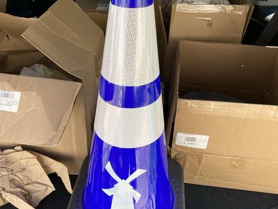 Blue Dutch Bros traffic cone