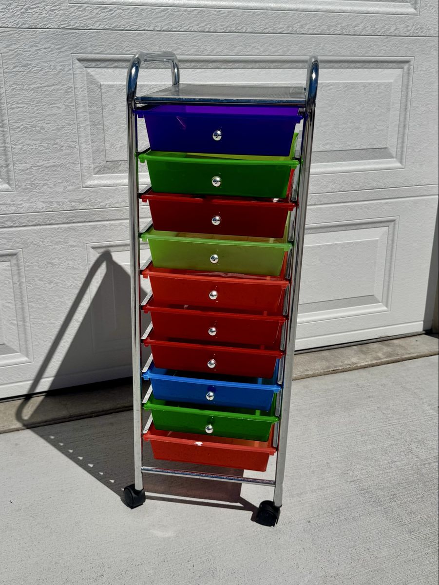 Metal Rolling Storage Cart- 10 colorful bins
