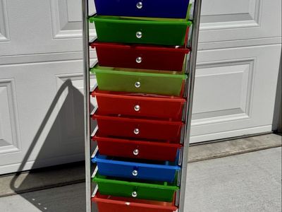 Metal Rolling Storage Cart- 10 colorful bins